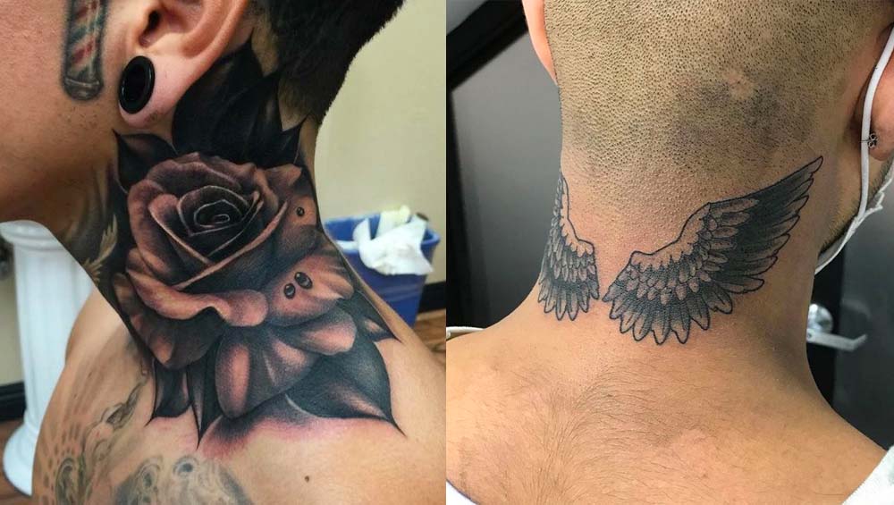 Мужчина с цветочной татуировкой на шее