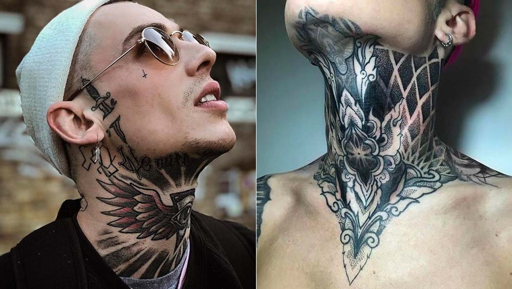 Мужчина с геометрической татуировкой на шее