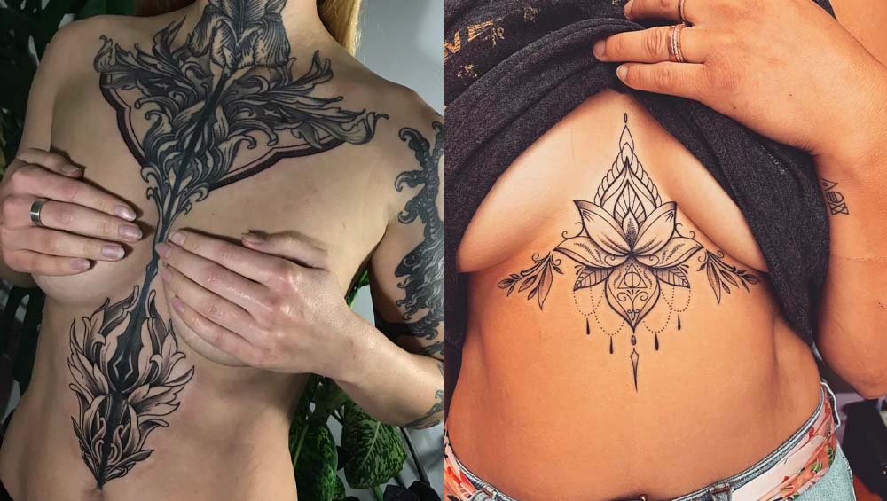 Женская грудь с татуировкой в стиле графики