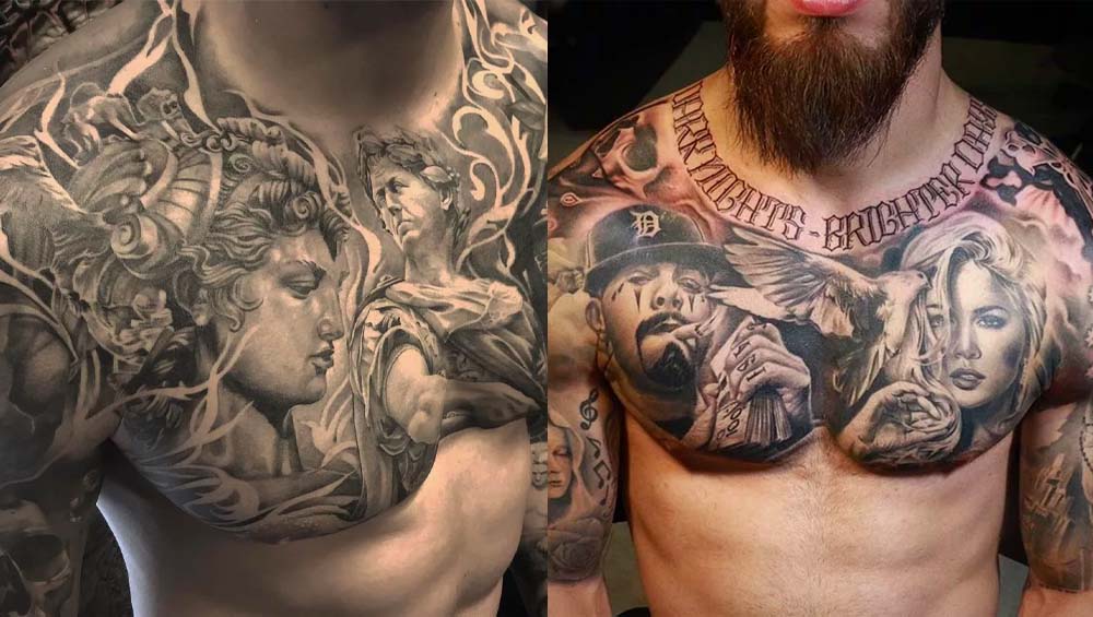 Мужская грудь с татуировкой в стиле реализма