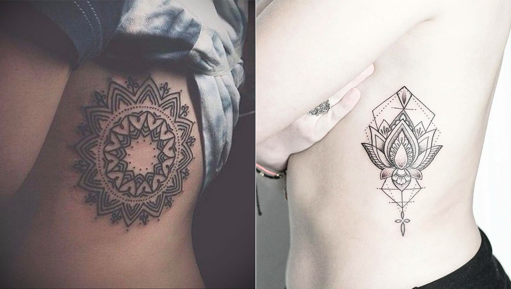 Татуировки на ребрах в виде геометрических фигур, узоров, орнаментов и мандал