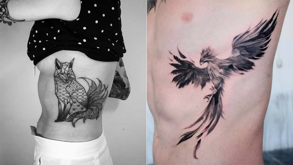 Татуировки на ребрах в виде животных, птиц и насекомых
