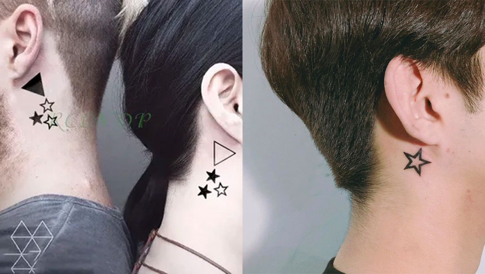 Мужчина с татуировкой за ухом в виде звезд